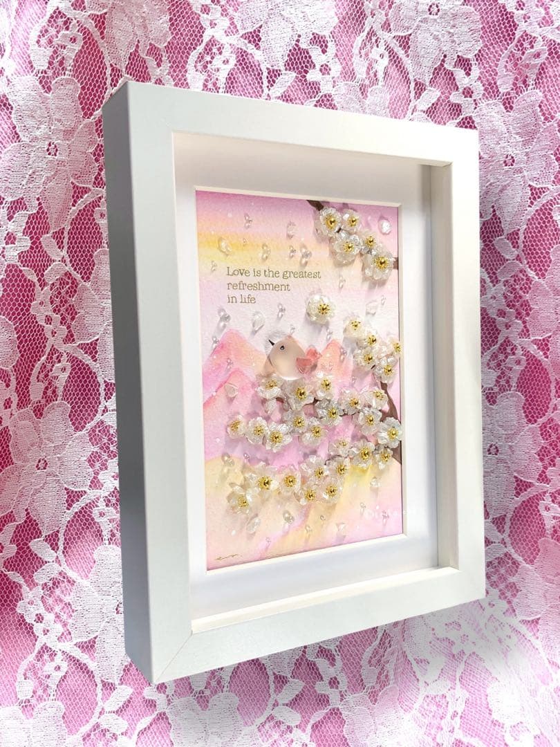 1445春の陽気と山峰 桃桜 小鳥 インテリア シーグラスアート 玄関飾り 置物