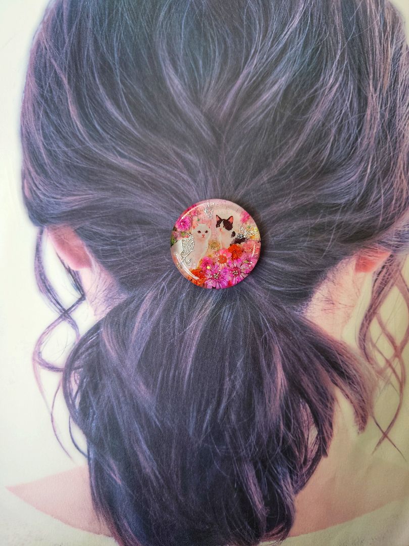 レジン　猫　ヘアゴム　ブローチ　ポニーフック　No.484