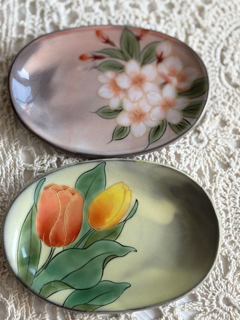 京焼き　清水焼き　陶あん　色絵付け楕円形皿2枚 【葊】陶印有り