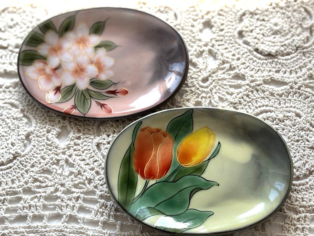 京焼き　清水焼き　陶あん　色絵付け楕円形皿2枚 【葊】陶印有り