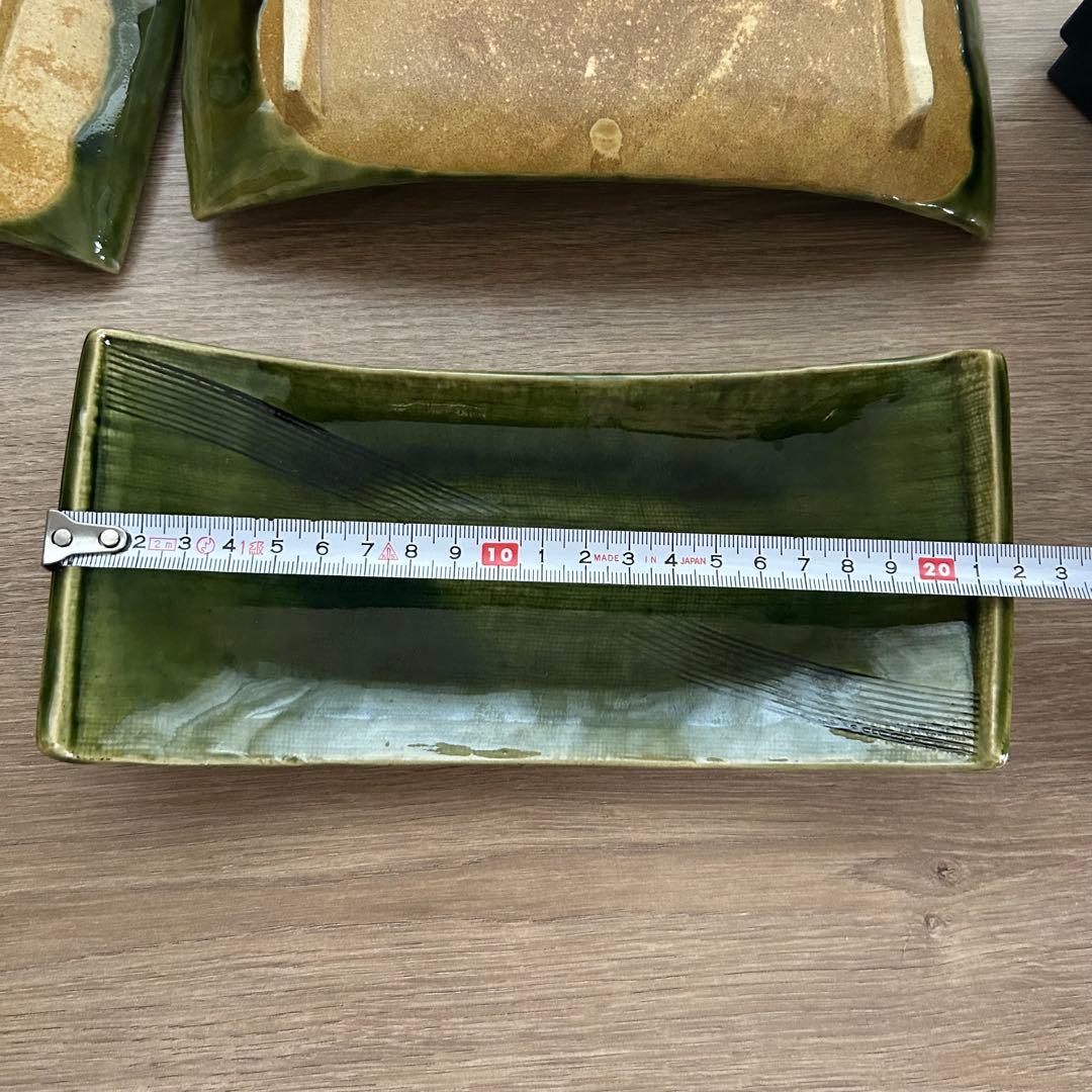 【元箱　未使用】たち吉　ゲタ織部　足付き長角皿　5枚セット　舟型　緑　長皿