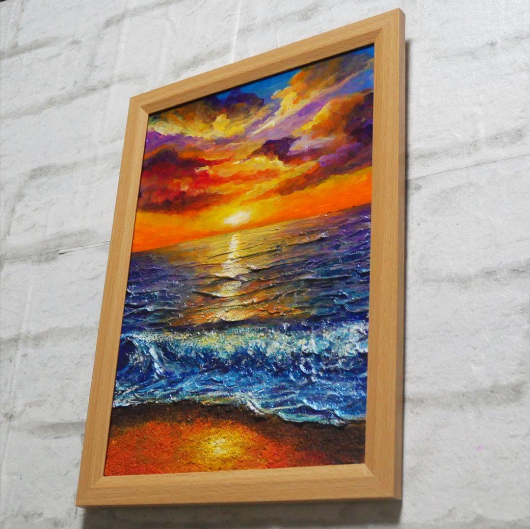 油絵 油彩 油彩画 絵 絵画 【水平線に沈む夕日】A4