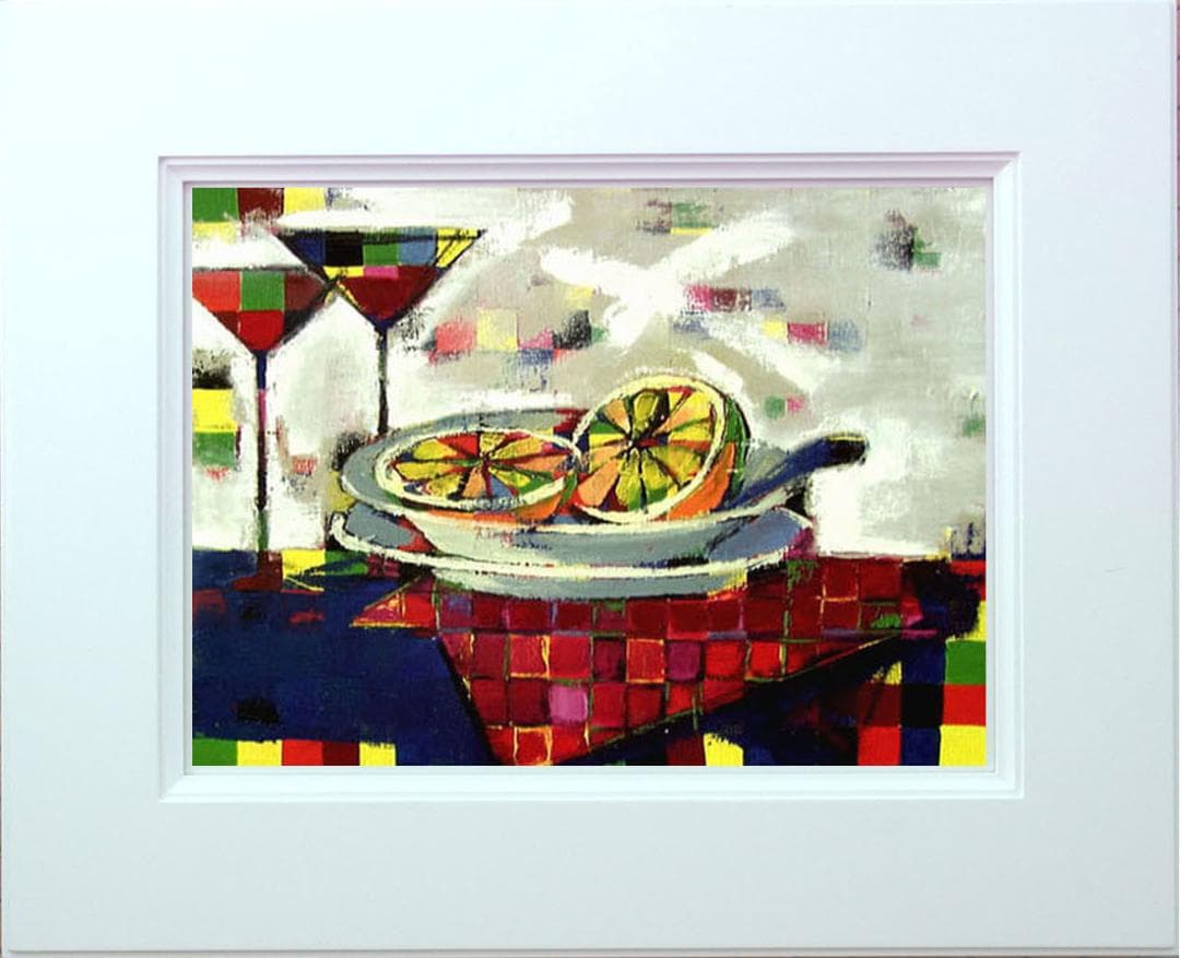 油絵菅家令子絵 絵画インテリア額付(青緑＋金色の枠)uF6-061703フルーツ