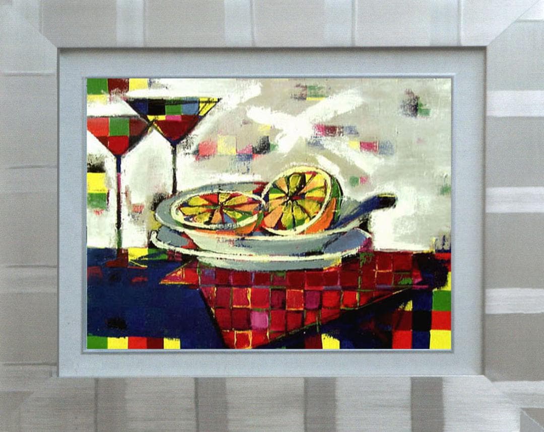 油絵菅家令子絵 絵画インテリア額付(青緑＋金色の枠)uF6-061703フルーツ