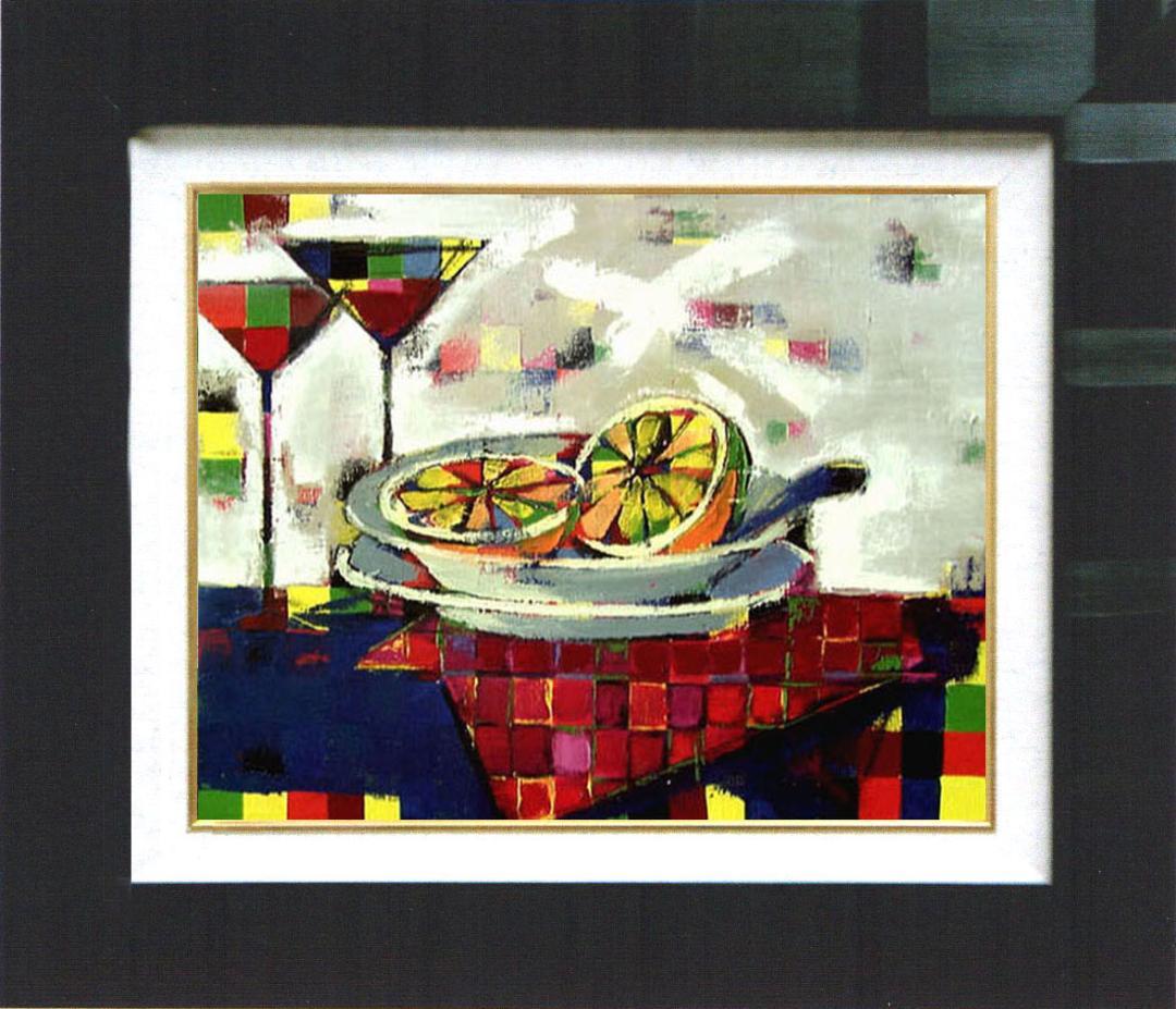 油絵菅家令子絵 絵画インテリア額付(青緑＋金色の枠)uF6-061703フルーツ