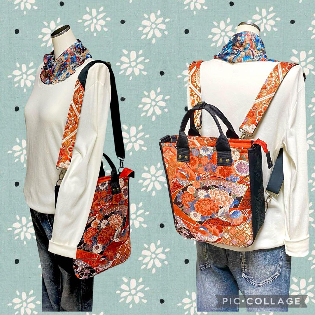 396 帯リメイク　鴛鴦（ おしどり ）と牡丹の豪華なBOX型3wayバッグ