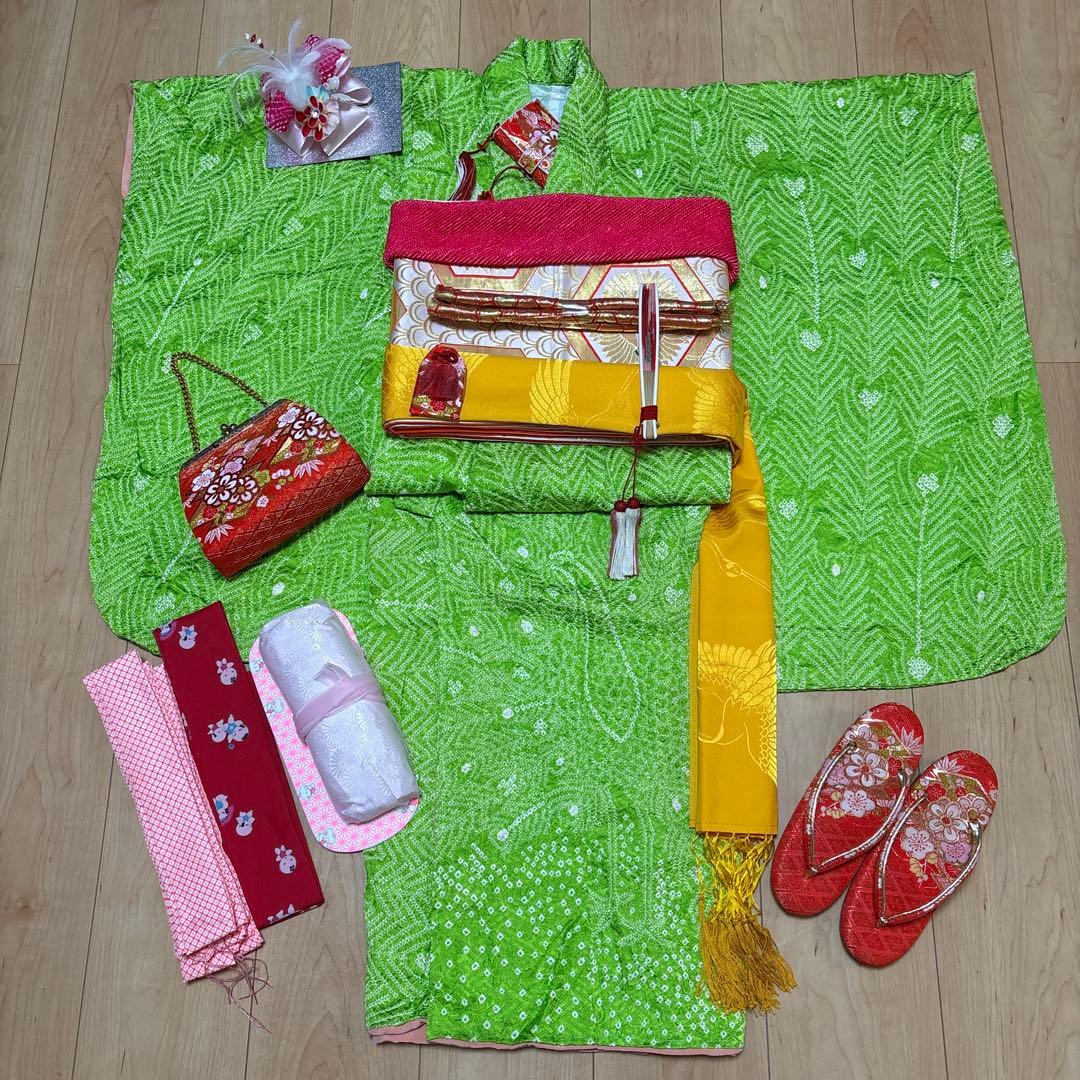 187 正絹　黄緑×総絞り　疋田　 7歳 七五三着物セット　和装小物　袋帯