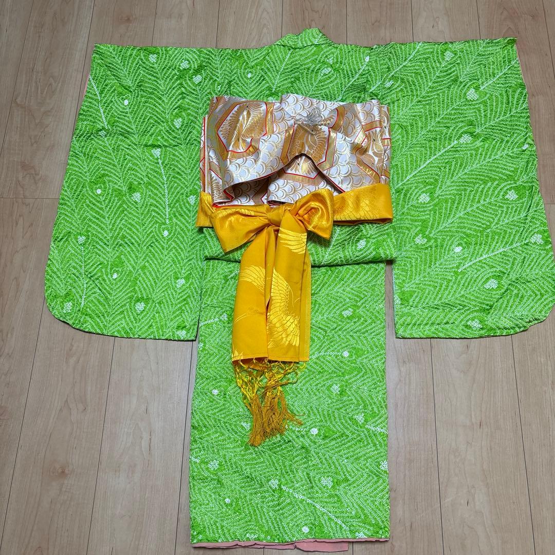 187 正絹　黄緑×総絞り　疋田　 7歳 七五三着物セット　和装小物　袋帯