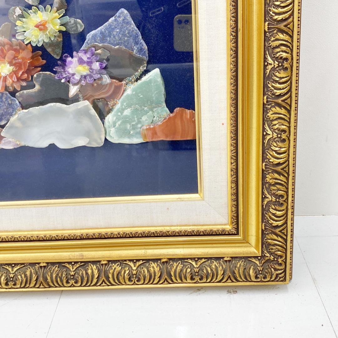 宝石画 貴石画 孔雀 大型 約78×141cm 額装 インテリア 美術品