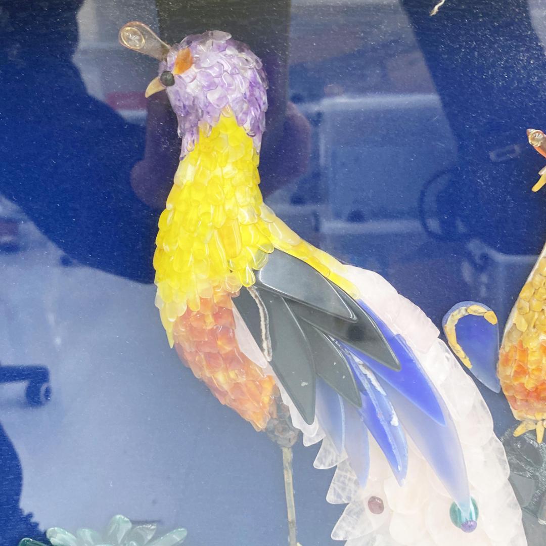 宝石画 貴石画 孔雀 大型 約78×141cm 額装 インテリア 美術品