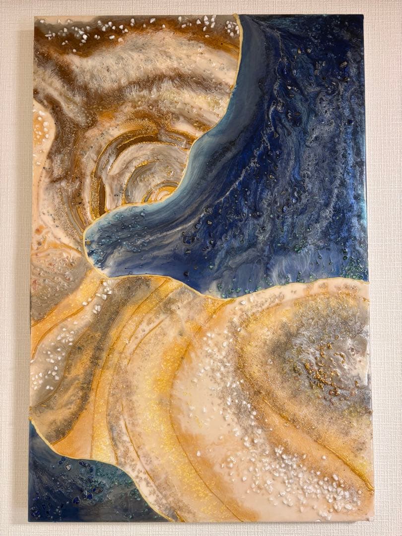 抽象画 ベージュ 青 金色