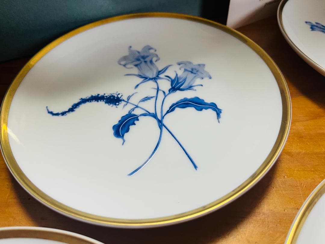 【未使用】深川製磁 KIMIJIMA 君島 ロイヤルブルー 百合 取り皿　金縁