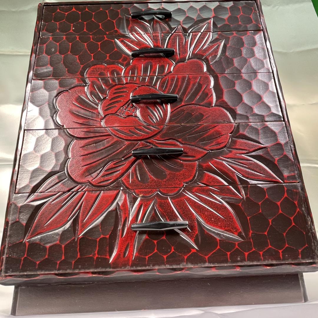 鎌倉彫 昭和レトロ 収納棚 引出し 5段 箪笥 小物入れ 当時物 小物収納 漆器