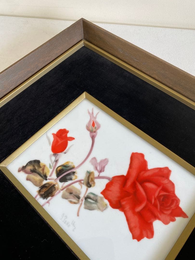 Noritake ノリタケ　陶器製額絵　赤いバラの絵画　木製フレーム