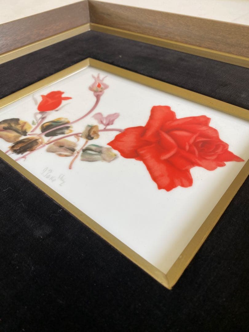 Noritake ノリタケ　陶器製額絵　赤いバラの絵画　木製フレーム