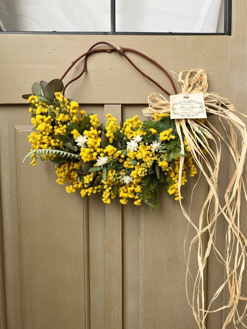 ミモザとグリーンのハーフリース☆ドライフラワーリース