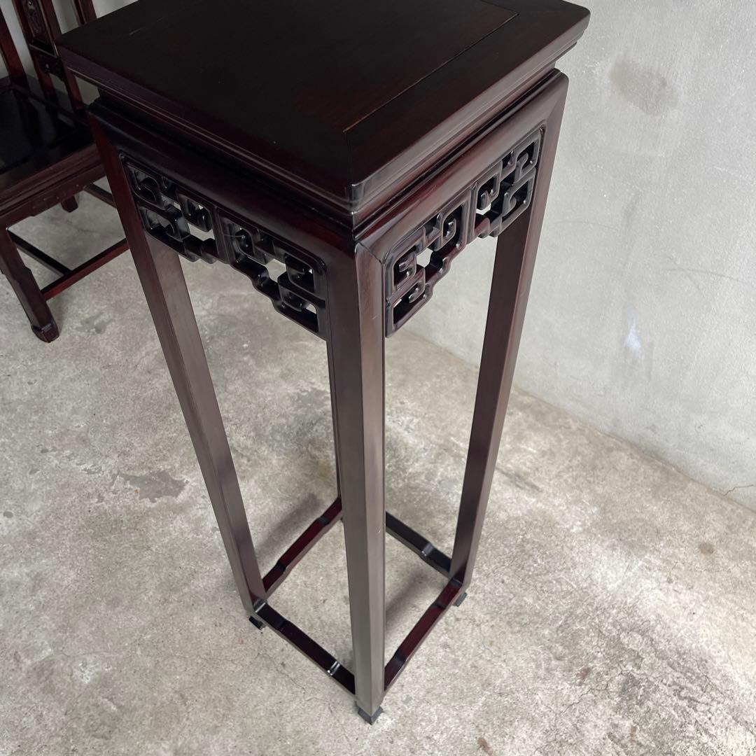 中国美術 古唐木造 透彫花台 如意巻足 正方高卓 盆栽台 香炉台 紫檀黄花梨