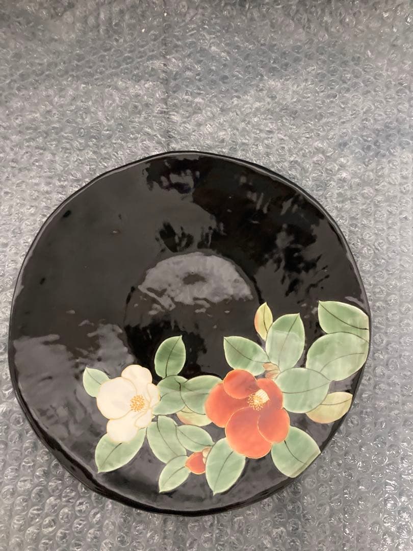 清水焼窯元陶あん　黒塗紅白椿八寸皿