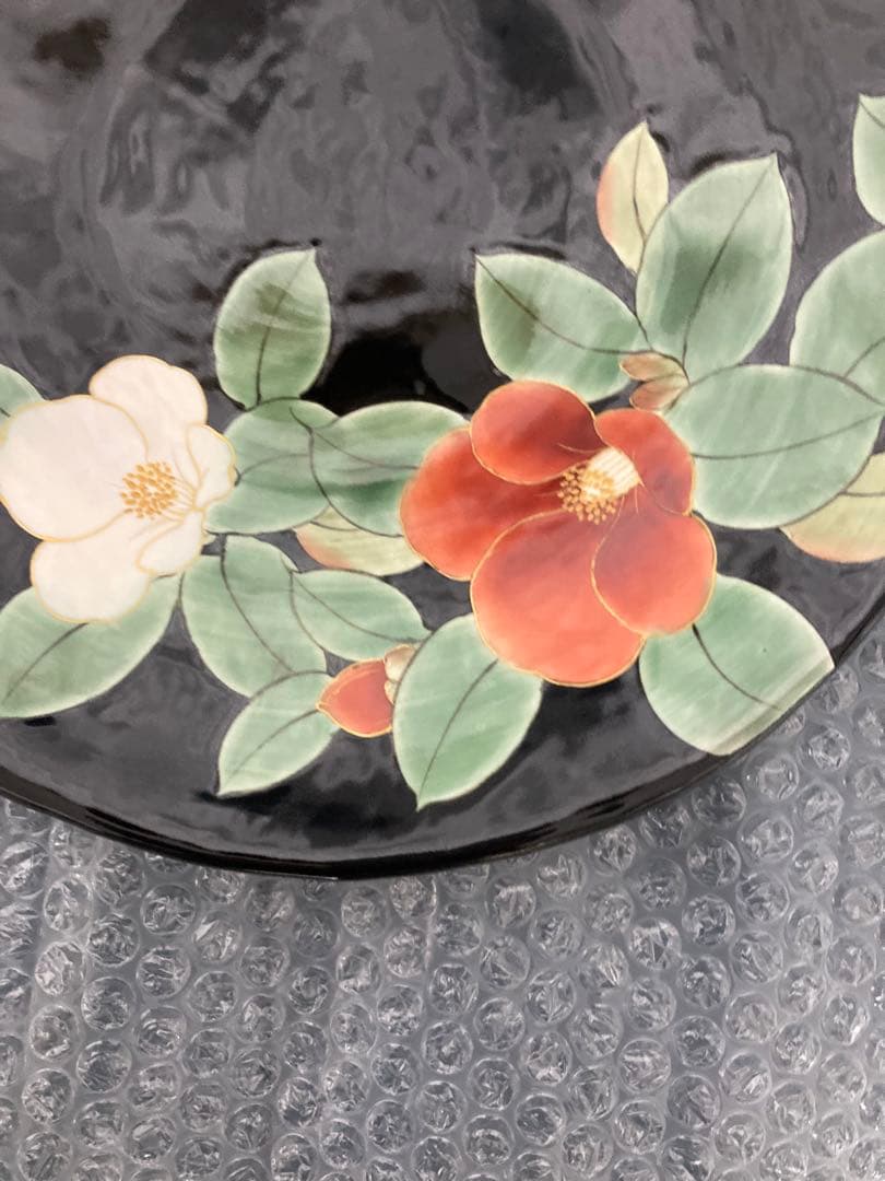 清水焼窯元陶あん　黒塗紅白椿八寸皿