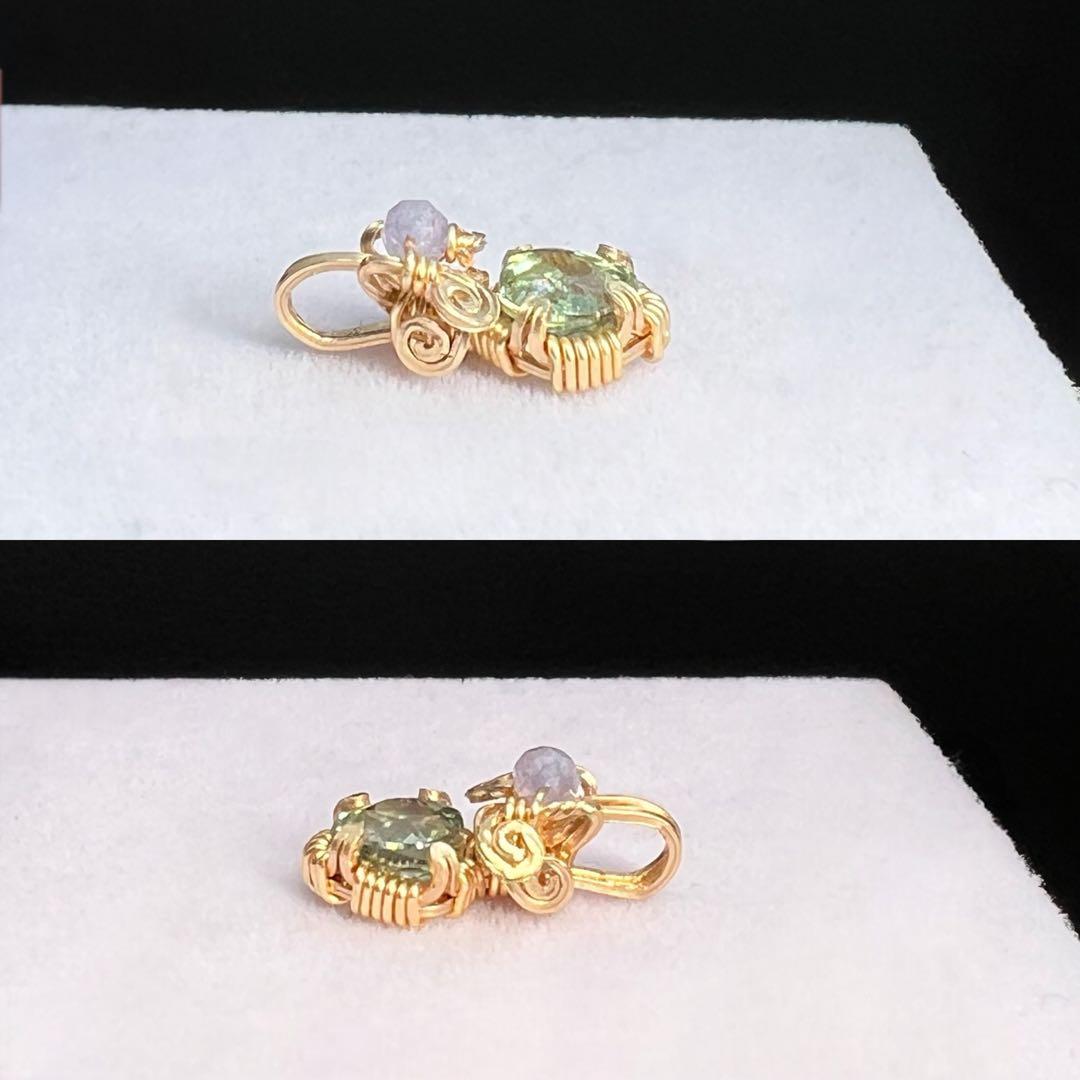 天然石　グリーンサファイア　ワイヤーラッピング　ペンダントトップ 14kgf