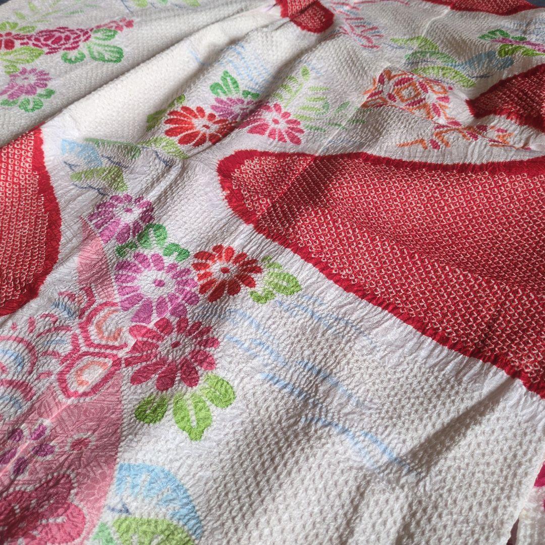 七五三　正絹　着物　鹿の子　総絞り　赤　白　７歳　フルセット