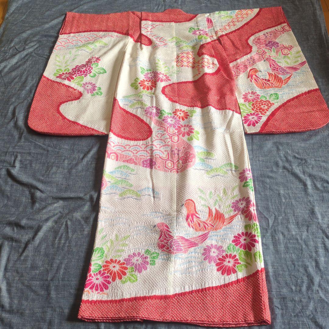 七五三　正絹　着物　鹿の子　総絞り　赤　白　７歳　フルセット