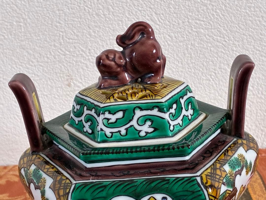 骨董＊九谷焼＊香炉＊陶器＊六角形＊獅子蓋付香炉＊年代物＊美品＊