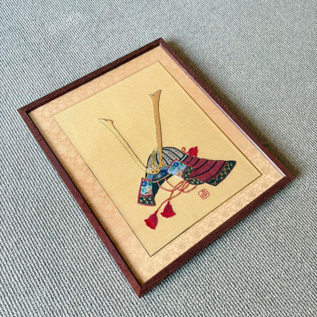 刺繍 インテリア 刺繍アート 額入り ハンドメイド 額装 兜 端午の節句 五月