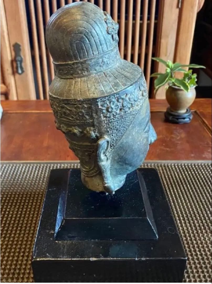 17世紀 ・タイ アユタヤ王朝・青銅製・宝冠仏頭・18.5cm鑑賞台付2点セット