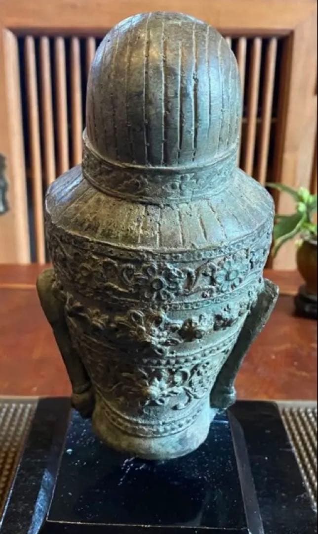 17世紀 ・タイ アユタヤ王朝・青銅製・宝冠仏頭・18.5cm鑑賞台付2点セット