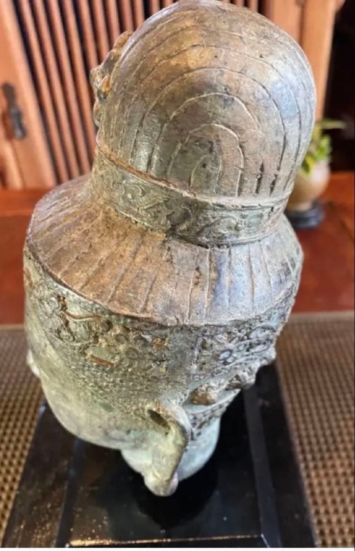 17世紀 ・タイ アユタヤ王朝・青銅製・宝冠仏頭・18.5cm鑑賞台付2点セット