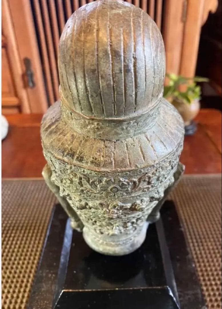 17世紀 ・タイ アユタヤ王朝・青銅製・宝冠仏頭・18.5cm鑑賞台付2点セット