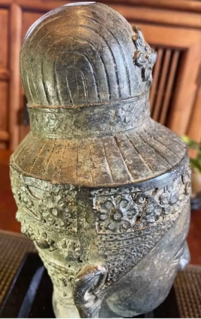 17世紀 ・タイ アユタヤ王朝・青銅製・宝冠仏頭・18.5cm鑑賞台付2点セット