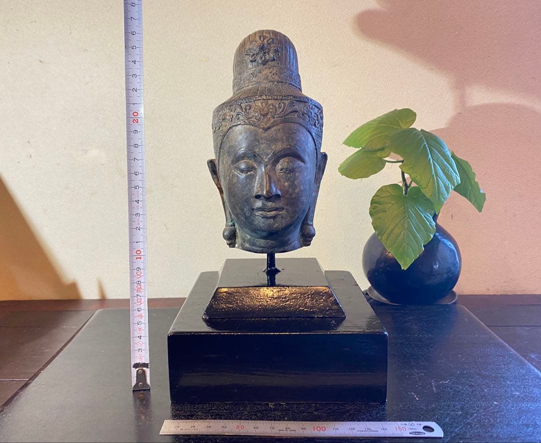 17世紀 ・タイ アユタヤ王朝・青銅製・宝冠仏頭・18.5cm鑑賞台付2点セット