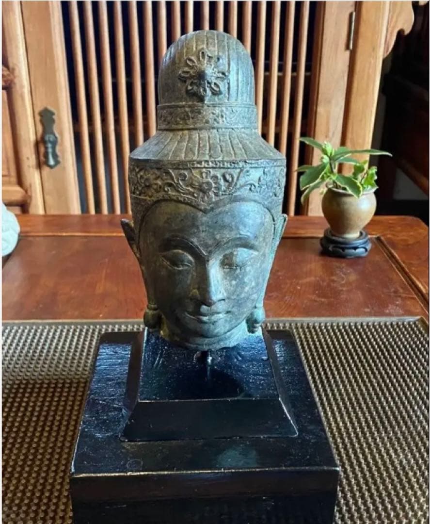 17世紀 ・タイ アユタヤ王朝・青銅製・宝冠仏頭・18.5cm鑑賞台付2点セット