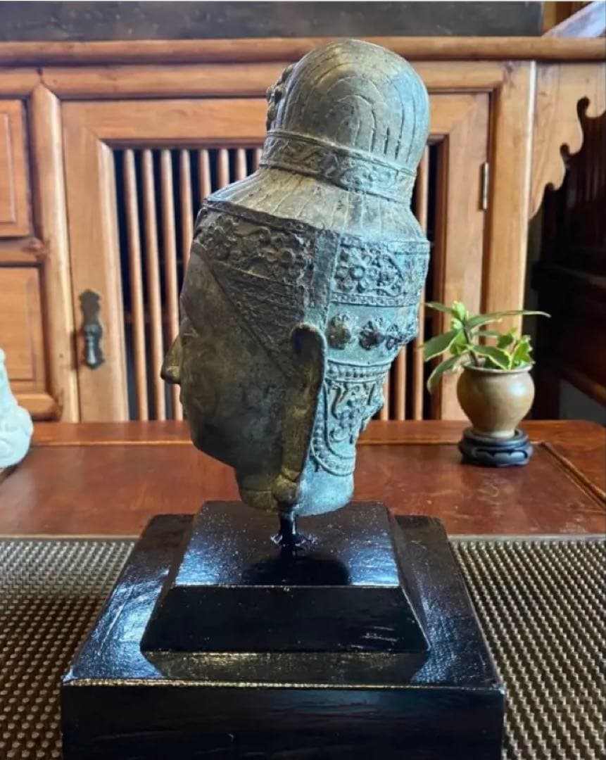 17世紀 ・タイ アユタヤ王朝・青銅製・宝冠仏頭・18.5cm鑑賞台付2点セット