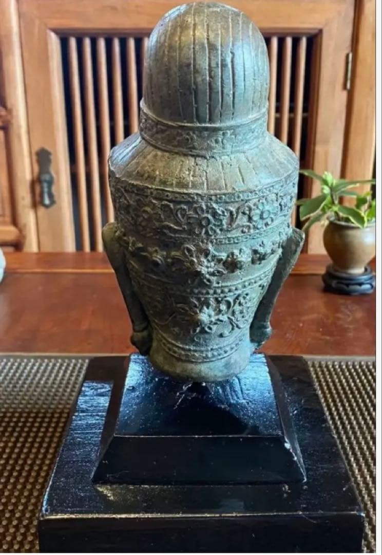 17世紀 ・タイ アユタヤ王朝・青銅製・宝冠仏頭・18.5cm鑑賞台付2点セット