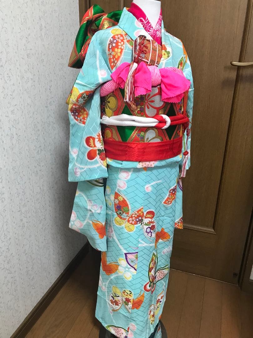 七五三7歳着物セット　アンティーク　正絹　水色　蝶々❤️
