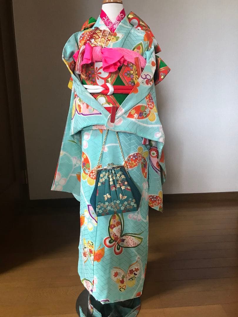 七五三7歳着物セット　アンティーク　正絹　水色　蝶々❤️