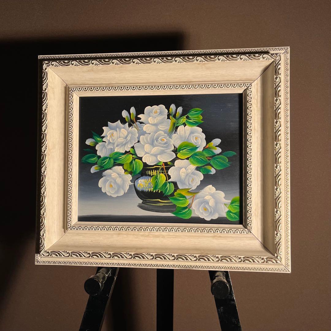 手書き油絵 花瓶のバラ 額付 肉筆絵画 インテリア 油彩画
