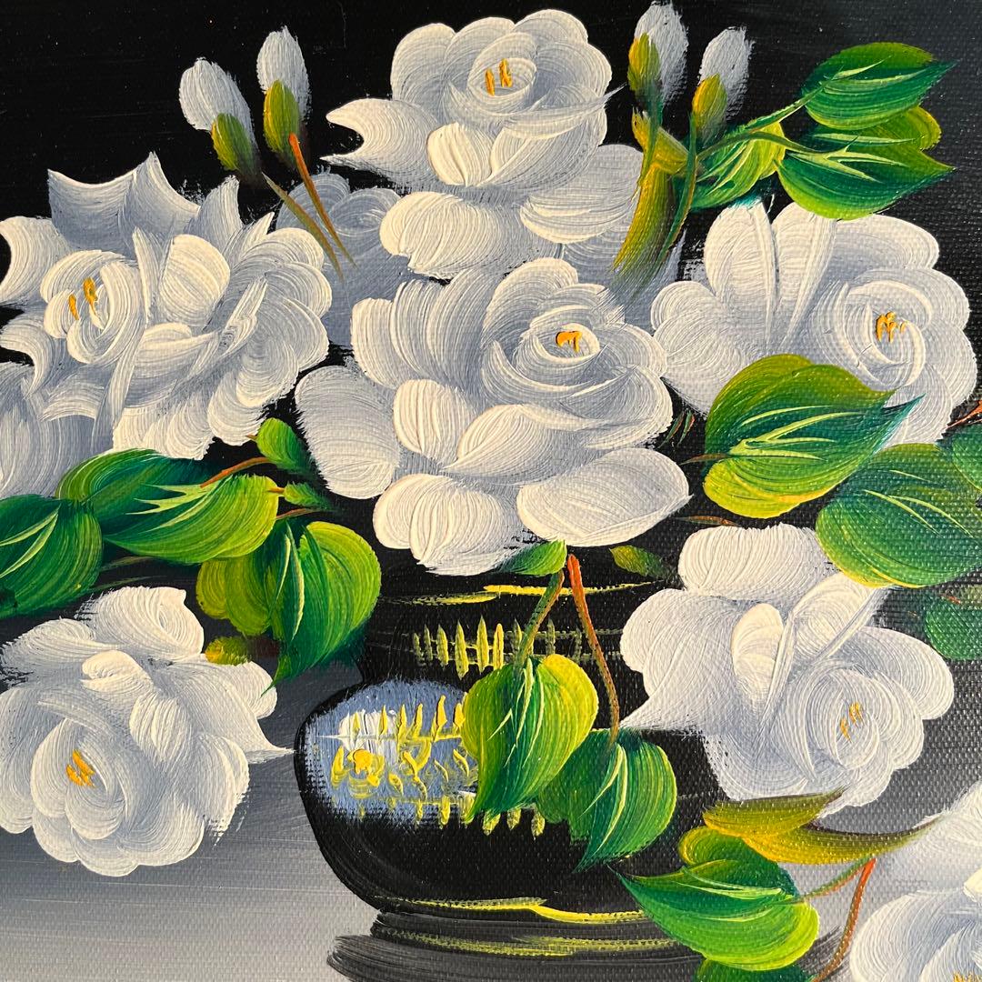 手書き油絵 花瓶のバラ 額付 肉筆絵画 インテリア 油彩画