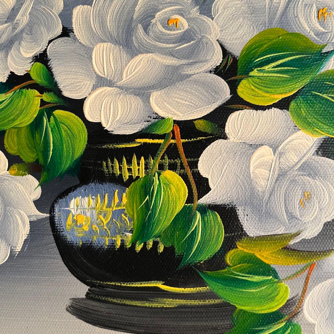 手書き油絵 花瓶のバラ 額付 肉筆絵画 インテリア 油彩画