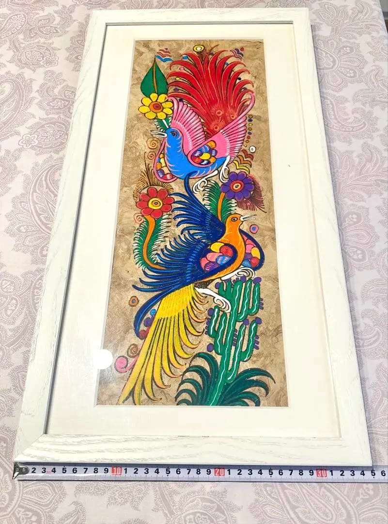 メキシコ　工芸品　民芸品　色鮮やか　鳥と花　絵画　アート　ハンドメイド　【額付】