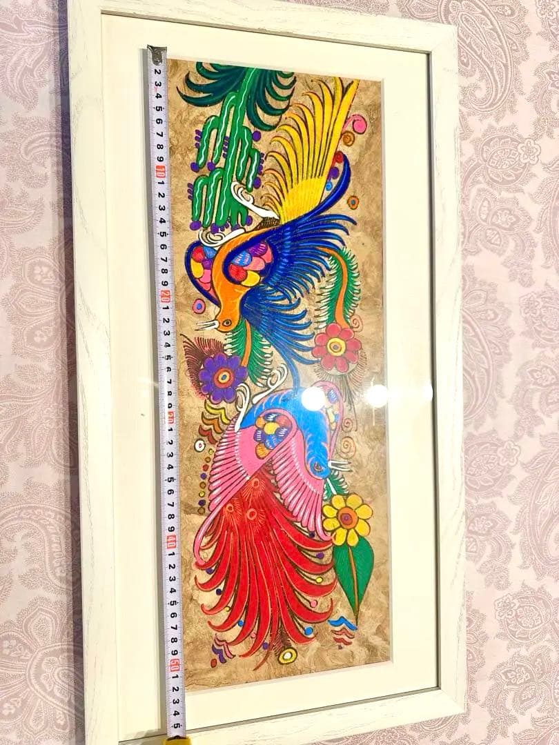 メキシコ　工芸品　民芸品　色鮮やか　鳥と花　絵画　アート　ハンドメイド　【額付】