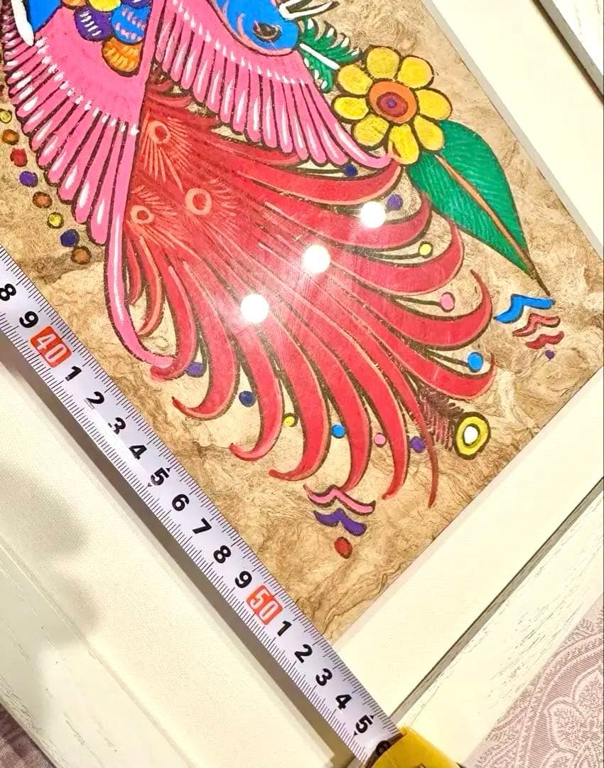メキシコ　工芸品　民芸品　色鮮やか　鳥と花　絵画　アート　ハンドメイド　【額付】