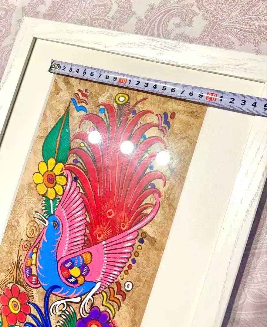 メキシコ　工芸品　民芸品　色鮮やか　鳥と花　絵画　アート　ハンドメイド　【額付】