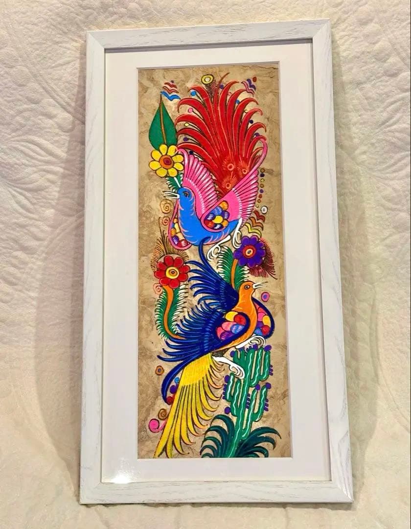 メキシコ　工芸品　民芸品　色鮮やか　鳥と花　絵画　アート　ハンドメイド　【額付】