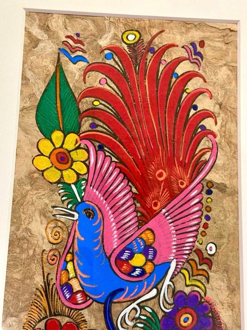 メキシコ　工芸品　民芸品　色鮮やか　鳥と花　絵画　アート　ハンドメイド　【額付】
