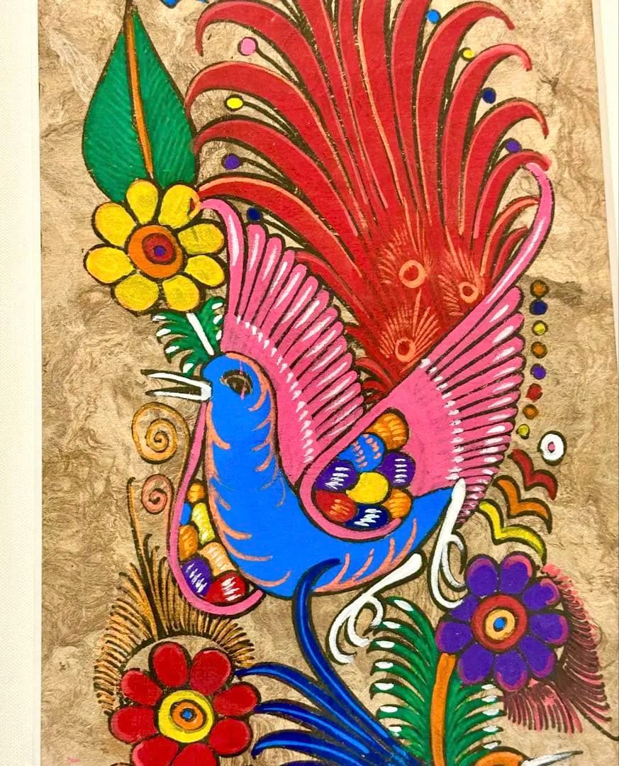 メキシコ　工芸品　民芸品　色鮮やか　鳥と花　絵画　アート　ハンドメイド　【額付】