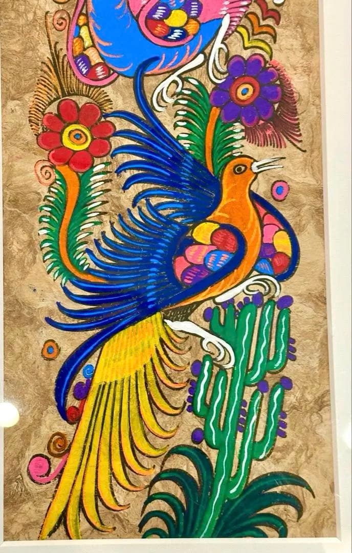 メキシコ　工芸品　民芸品　色鮮やか　鳥と花　絵画　アート　ハンドメイド　【額付】